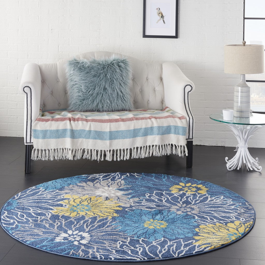 4’ Round Blue Tropical Flower Area Rug-5