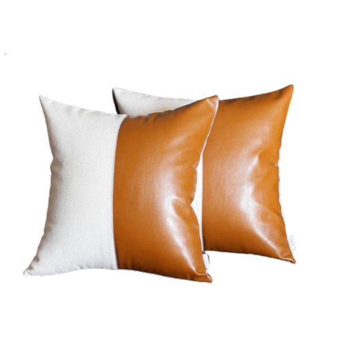 Set of 2 Bichrome Pearl White and Rustic Brown Faux Leather Pillow Covers-0