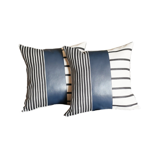 Set of 2 Monochromic Stripe Ends and Spruce Blue Faux Leather Lumbar Pillow Covers-0