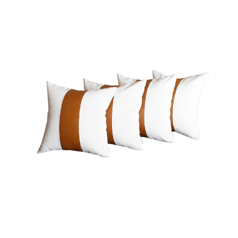Set of 4 White and Center Brown Faux Leather Pillow Covers-1