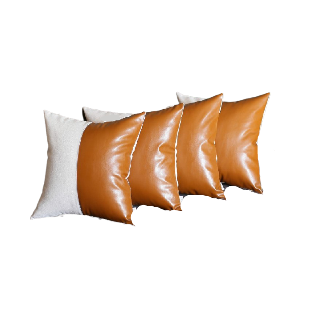 Set of 4 Brown and White Pearl with Faux Leather Lumbar Pillow Covers-1