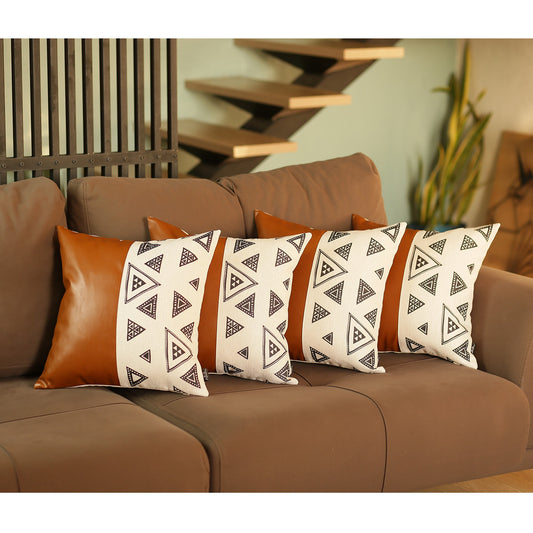 Set of 4 Triangle and Brown Faux Leather Pillow Covers-0