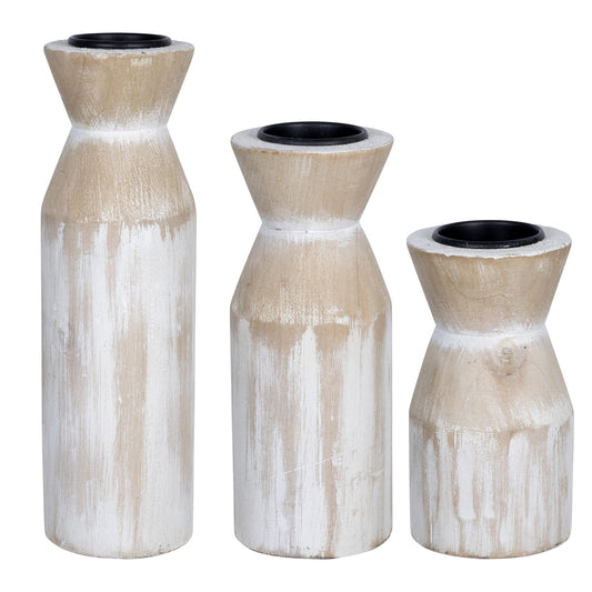 Set of Three Distressed White Candle Holders-0