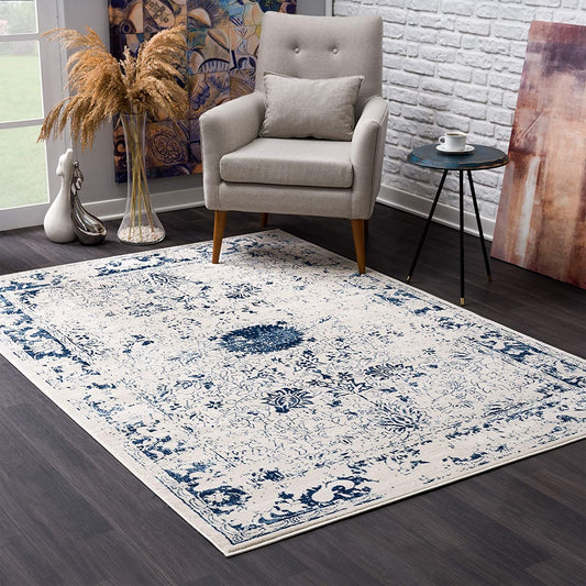 2’ x 5’ Navy Blue Distressed Floral Area Rug-0