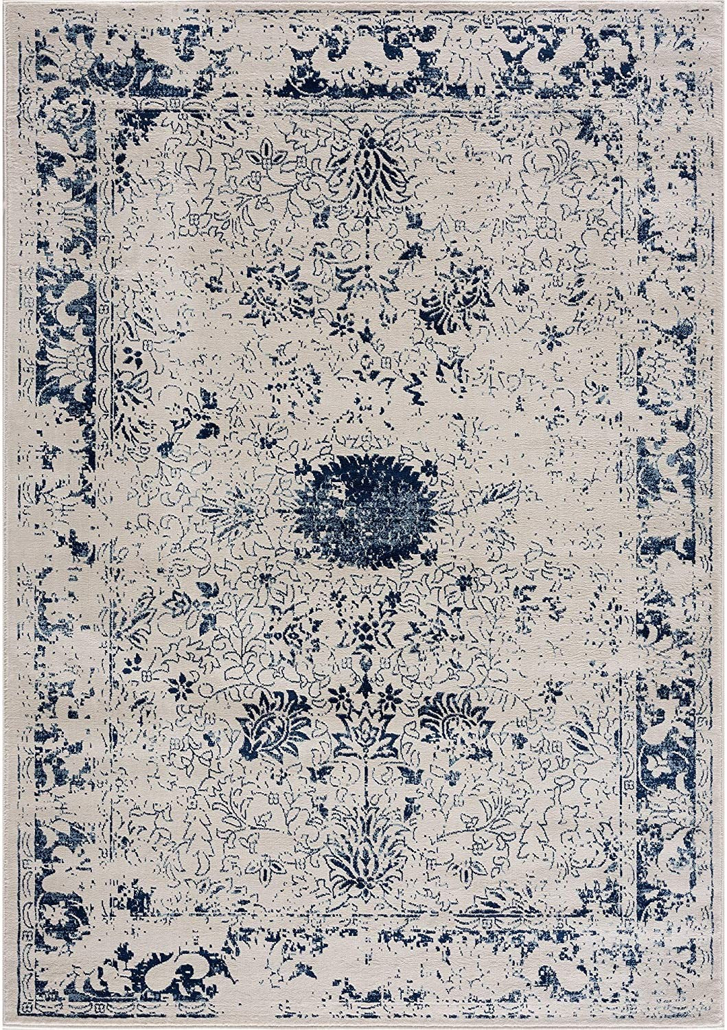 2’ x 5’ Navy Blue Distressed Floral Area Rug-5