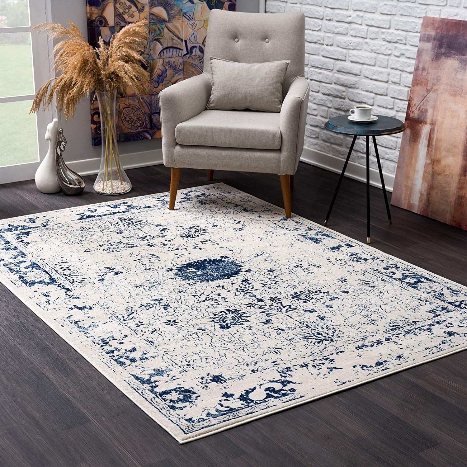 5’ x 8’ Navy Blue Distressed Floral Area Rug-0