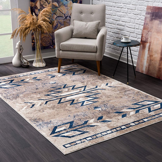 8’ x 11’ Beige and Blue Boho Chic Area Rug-0