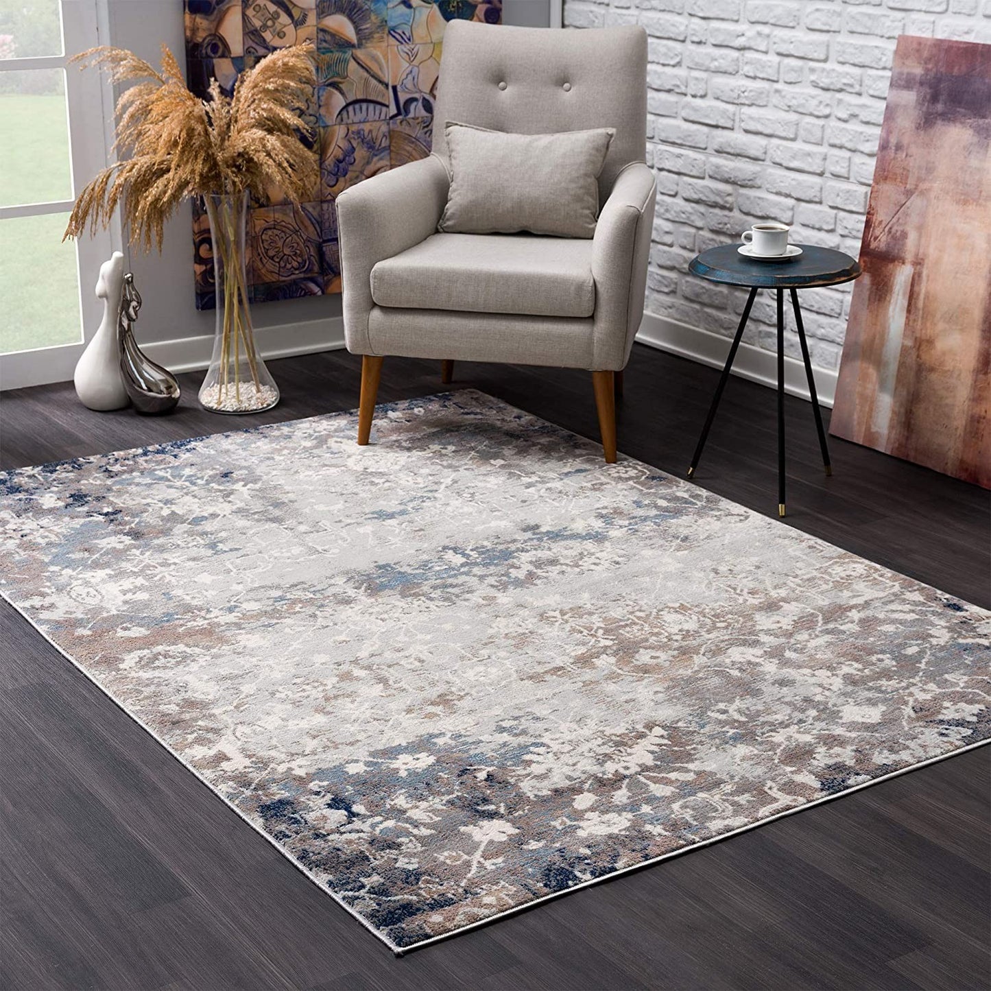 5’ x 8’ Navy and Beige Distressed Vines Area Rug-0