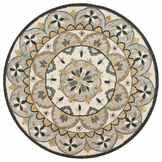 6’ Round Gray and Ivory Floral Bloom Area Rug-0