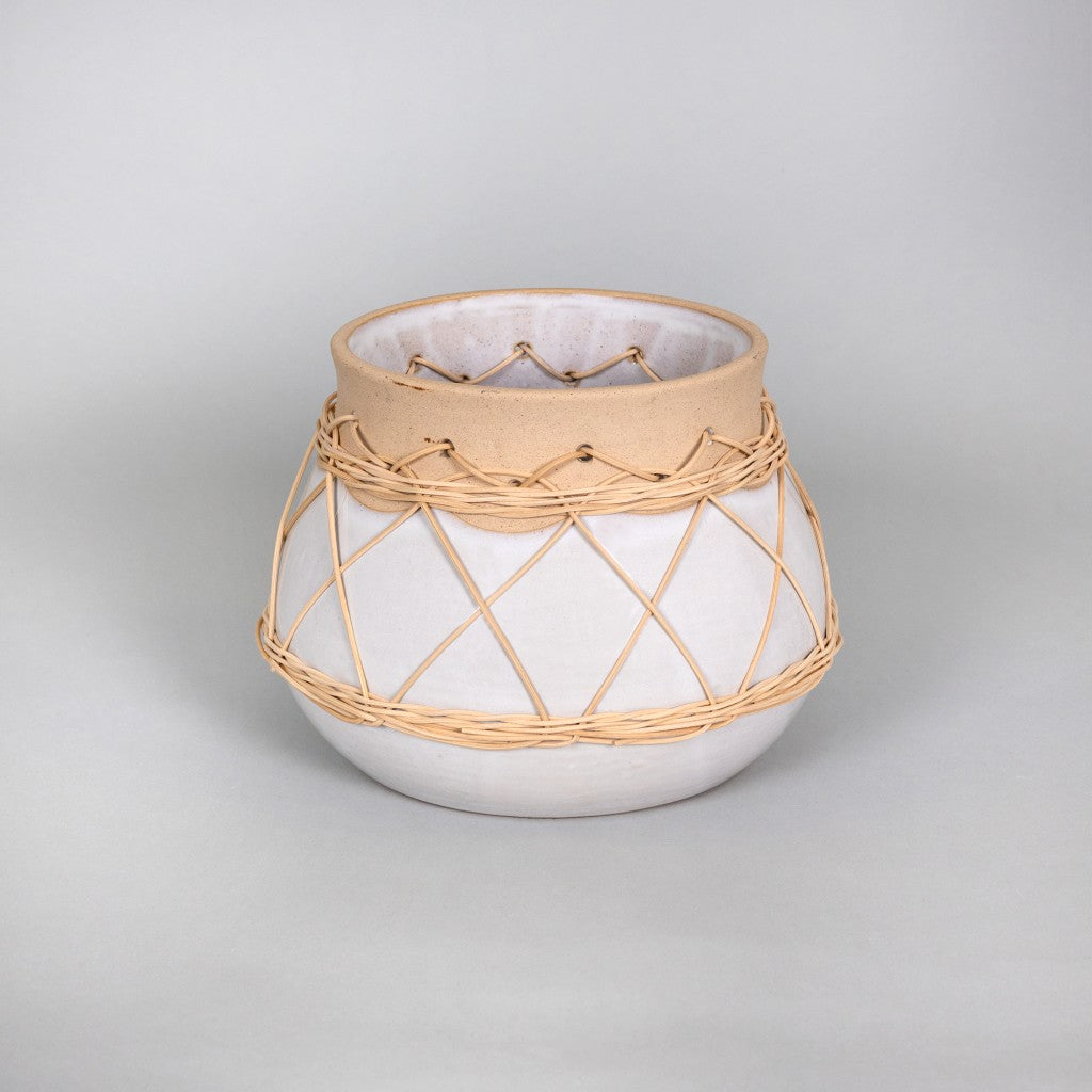 White Stone and Rattan Detail Planter-0