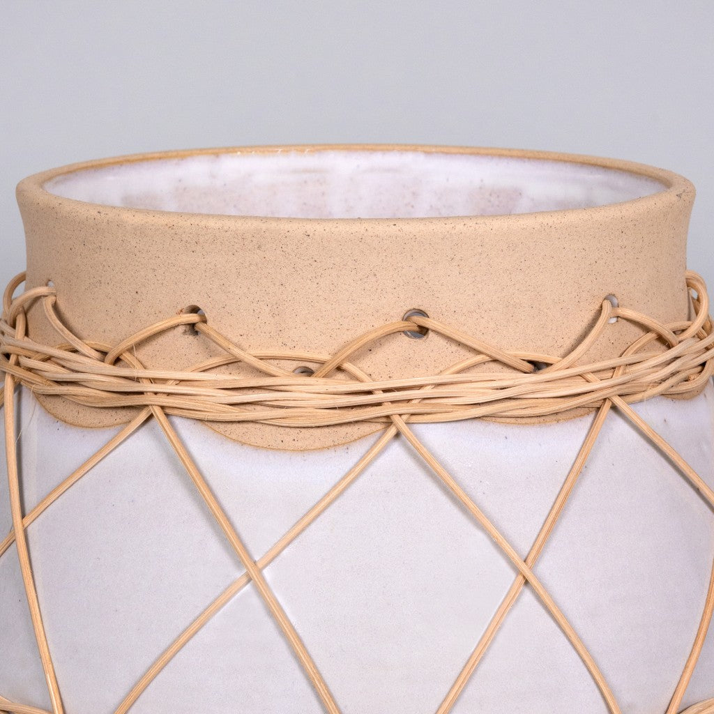 White Stone and Rattan Detail Planter-2