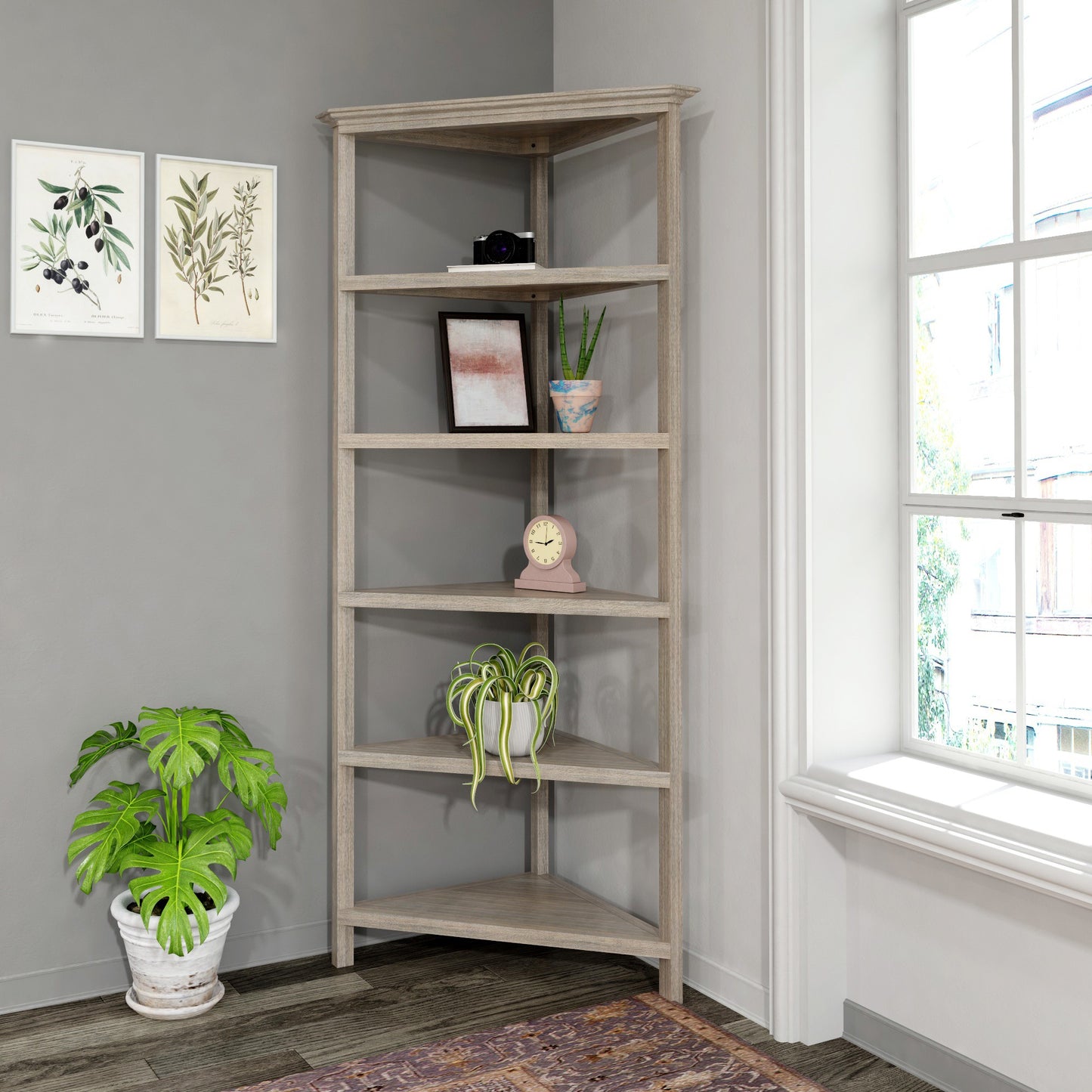 Gray Five Tier Solid Wood Corner Bookcase-2