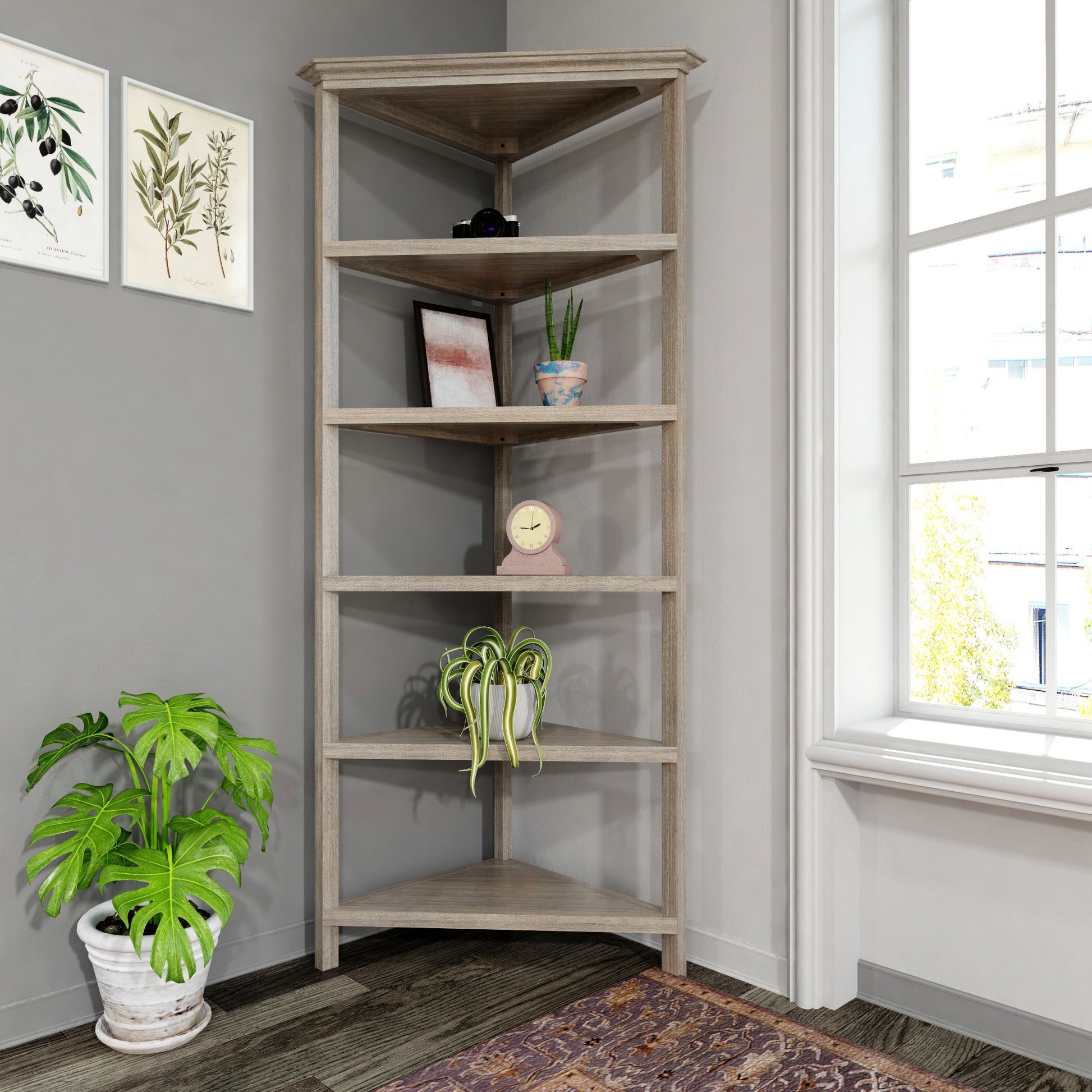 Gray Five Tier Solid Wood Corner Bookcase-3