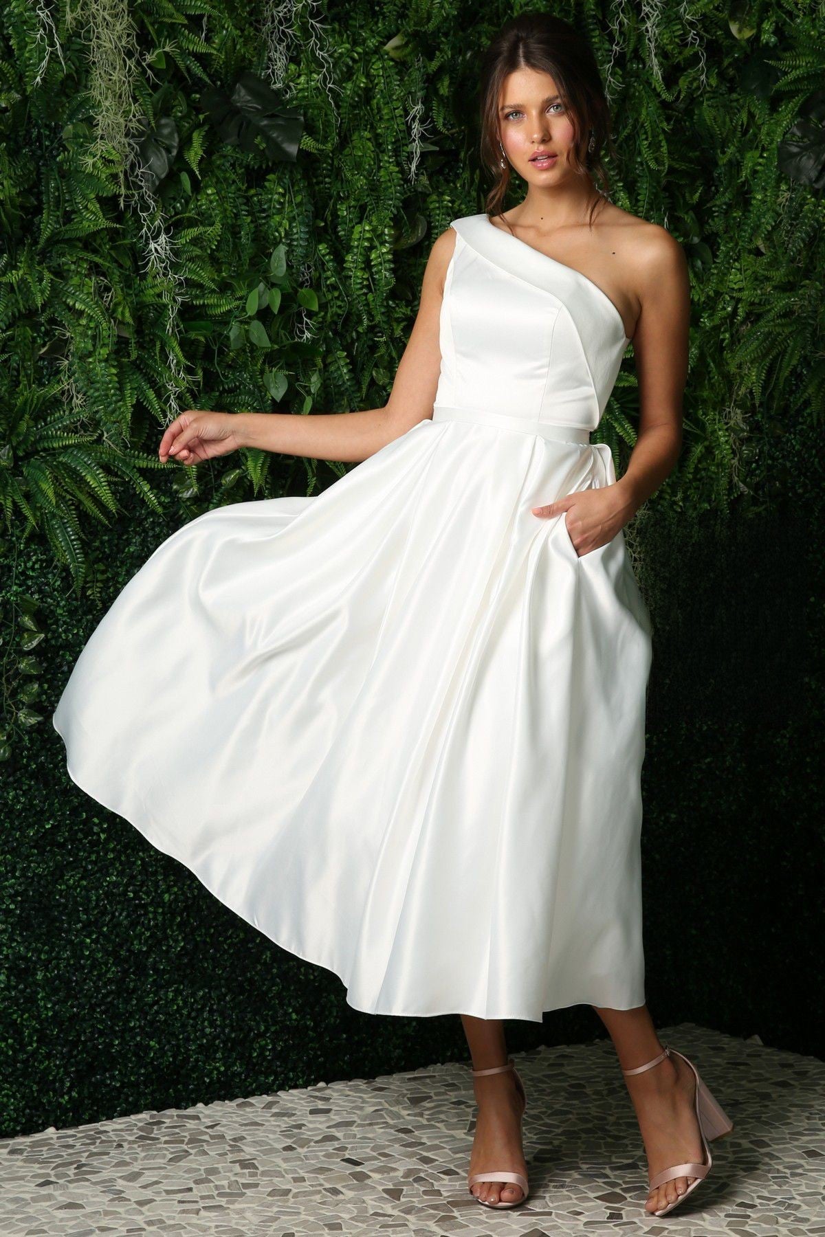 Open Back Strap Satin One Shoulder Midi Wedding Dress NXJE931W-2