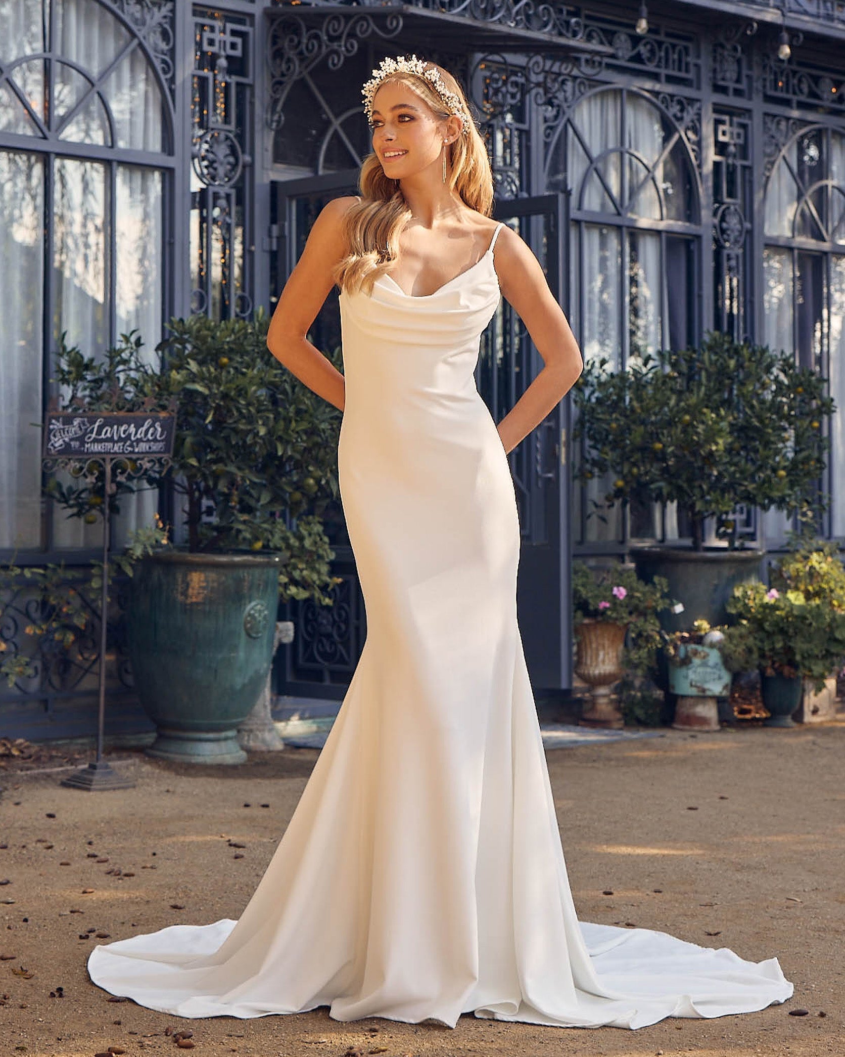 Satin Open Back Mermaid Cowl Neck Long Wedding Dress NXJE954-2