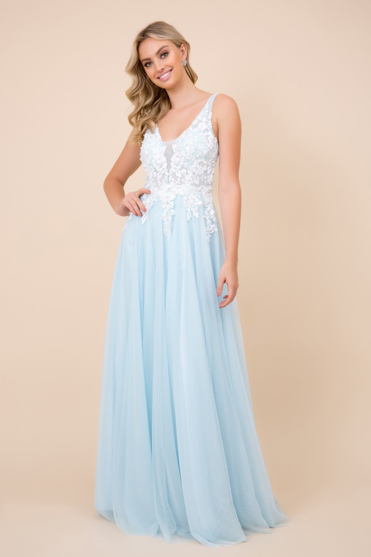 Tulle Embroidered Bodice Cutout Open Back Long Bridesmaid Dress NXG048-2