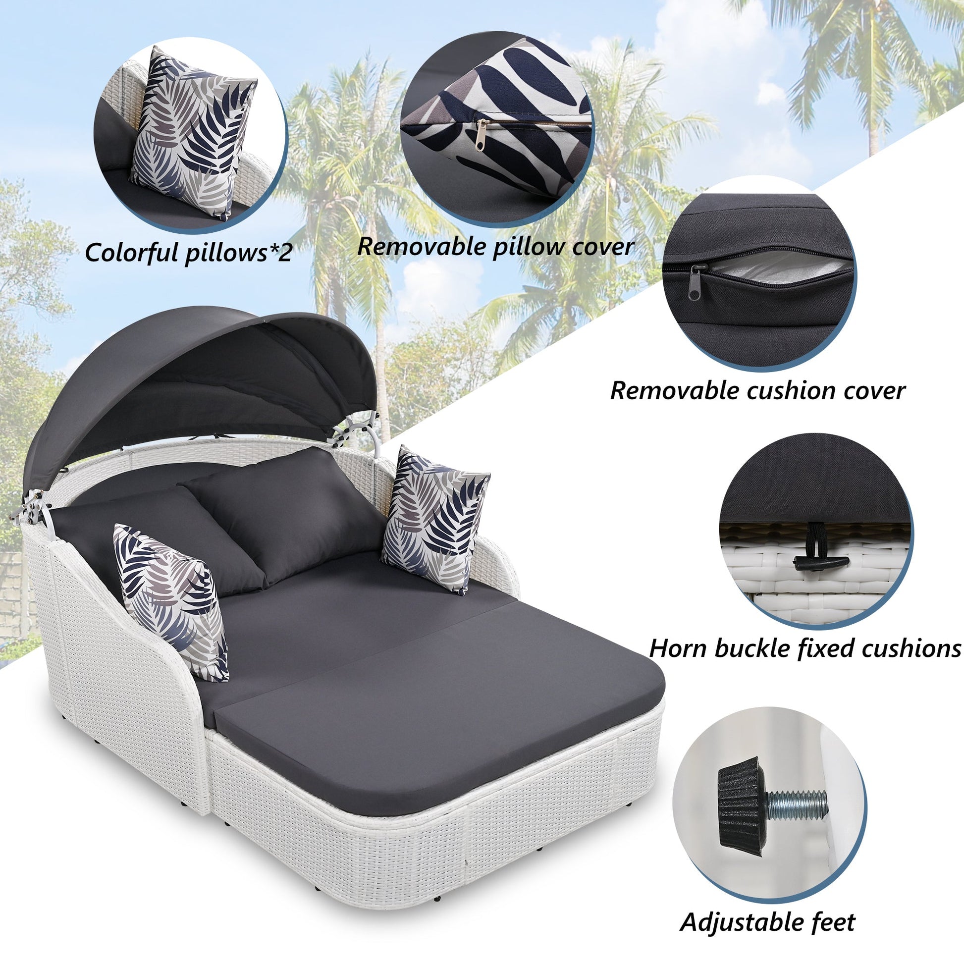 GO 79.9" Outdoor Sunbed with Adjustable Canopy, Double lounge, PE Rattan Daybed, White Wicker, Gray Cushion-4