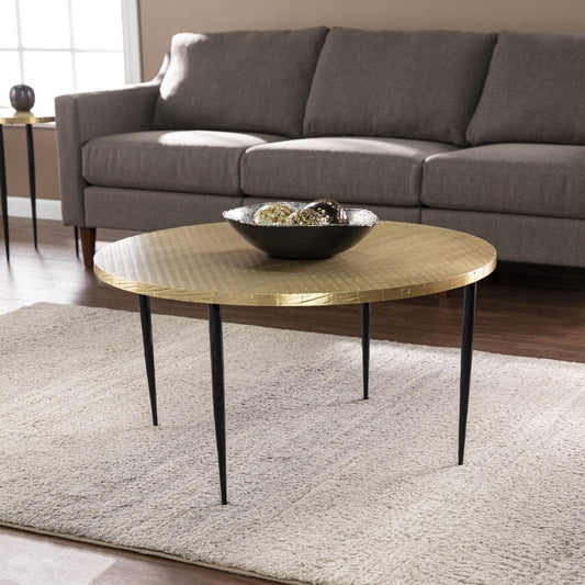 34" Black And Gold Embossed Metal Round Coffee Table-0