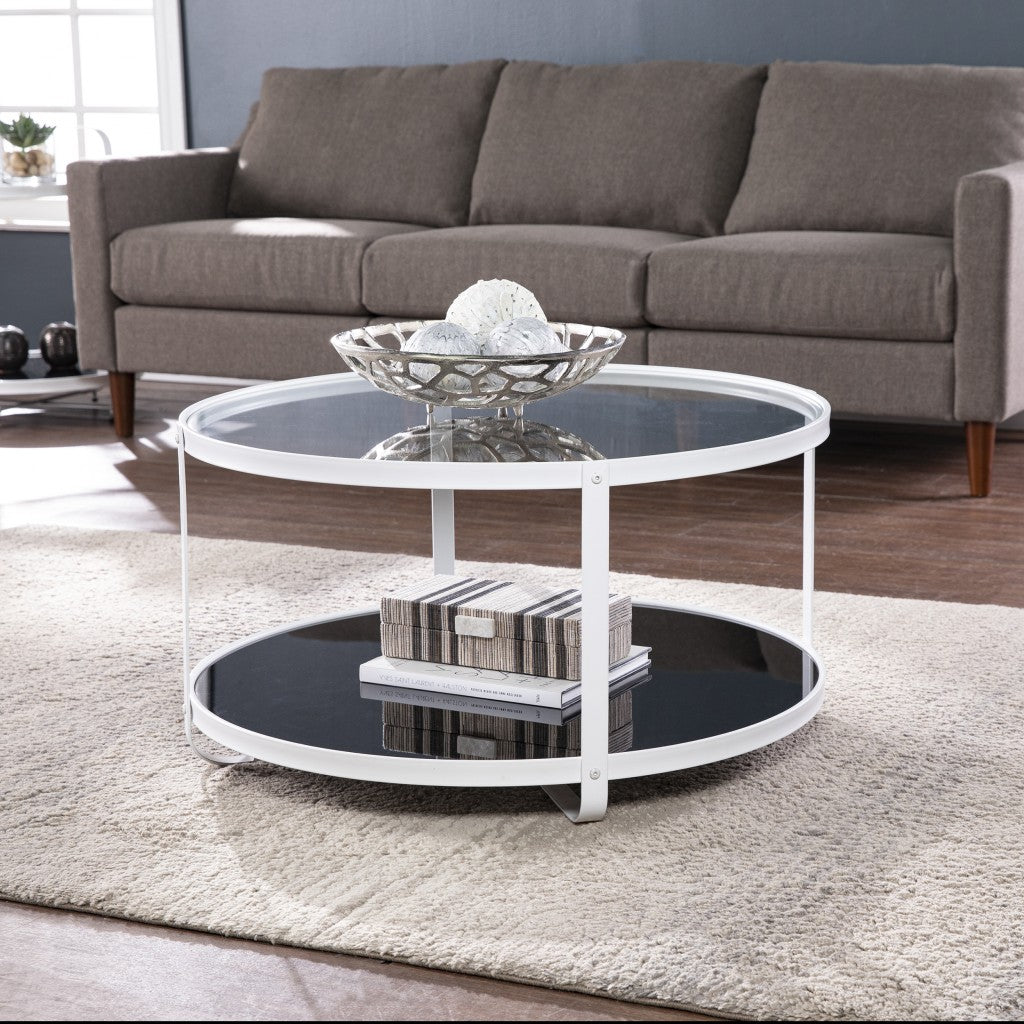 32" White Glass And Metal Two Tier Round Coffee Table-0