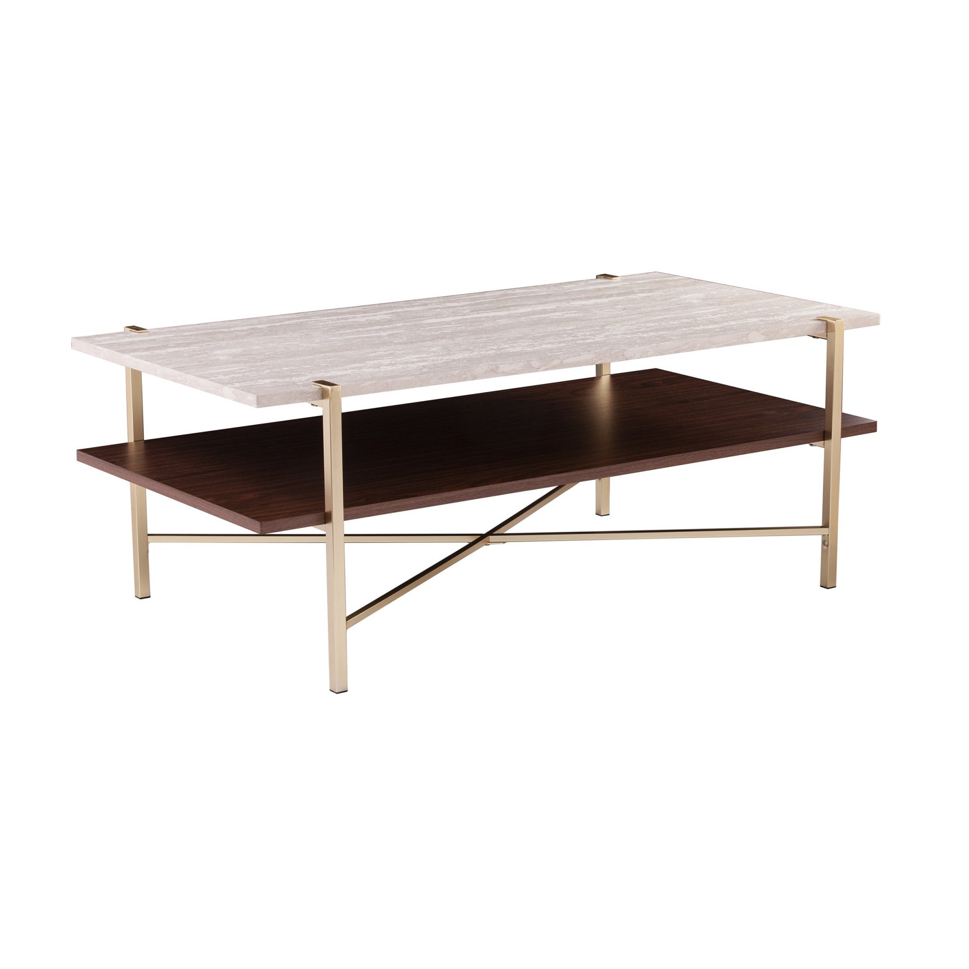 47" Brass Manufactured Wood And Metal Rectangular Coffee Table-1