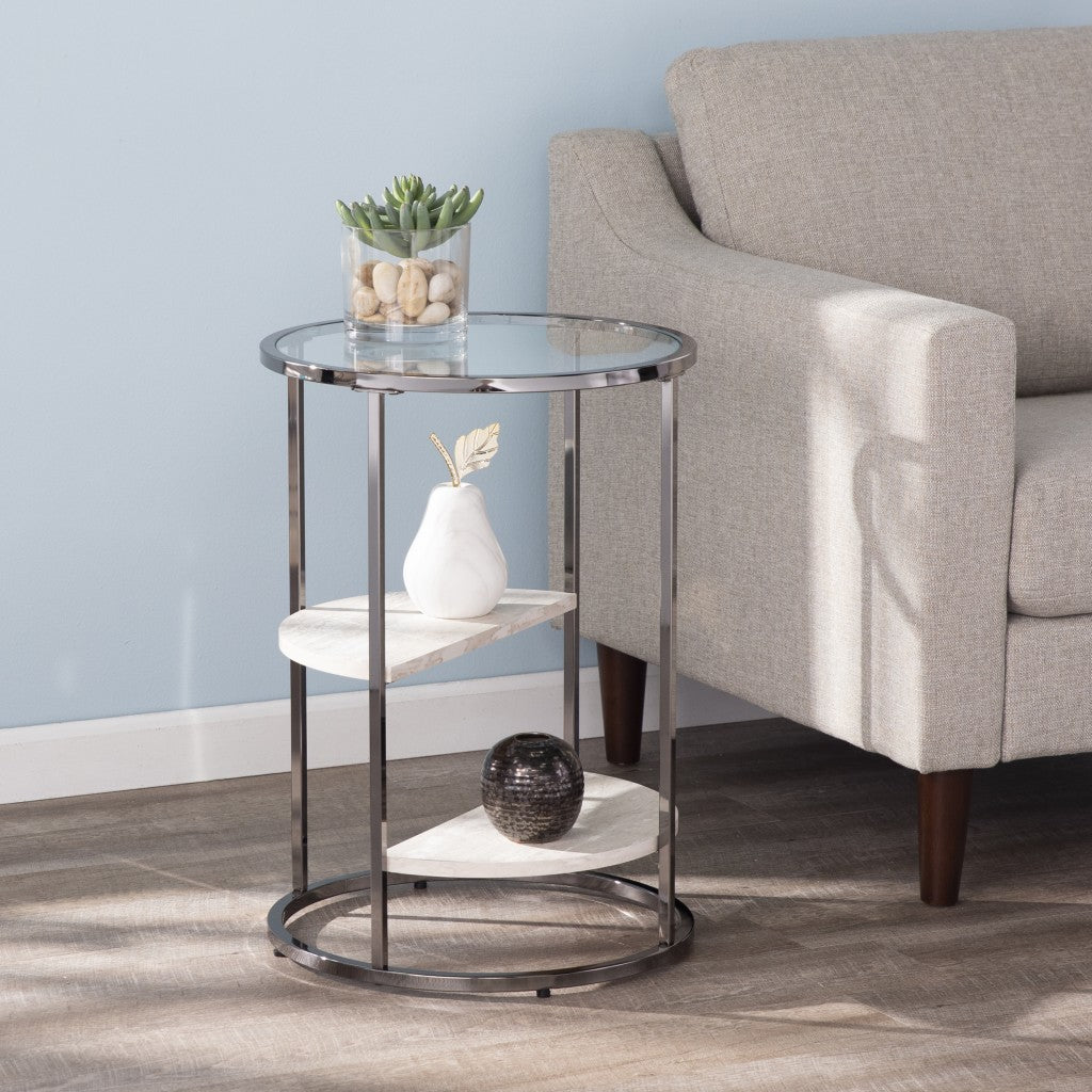 24" Black Metal Glass And Faux Marble Round End Table With Two Shelves-0