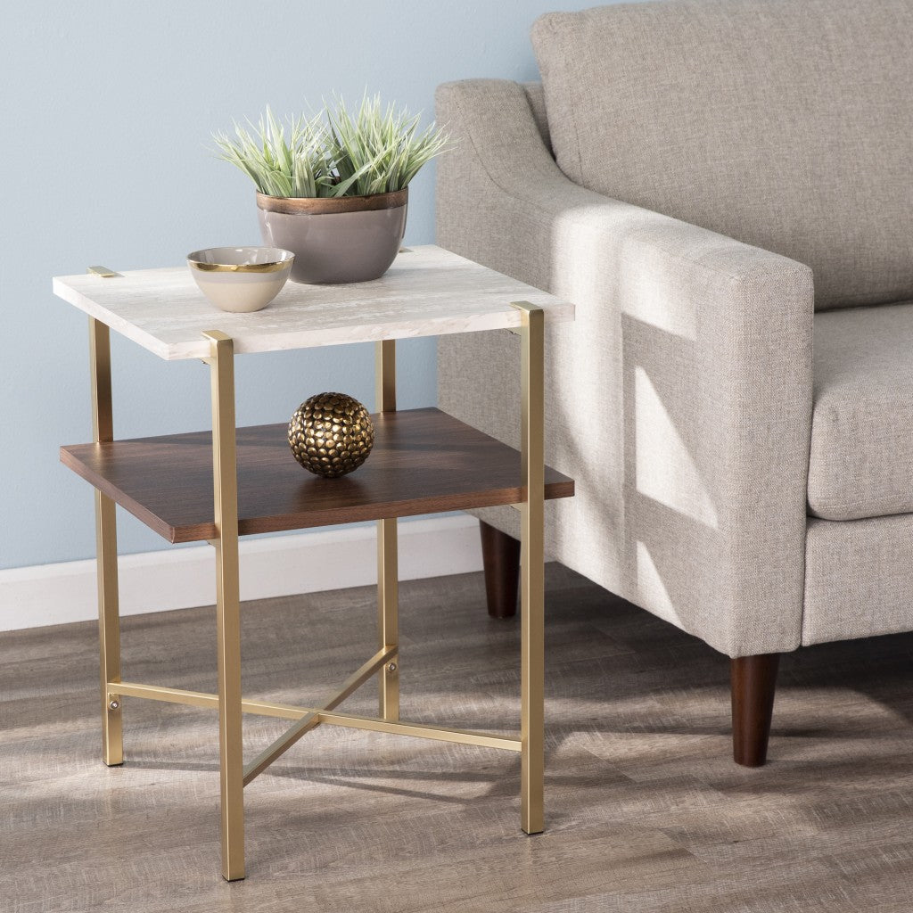 24" Brass Manufactured Wood And Iron Square End Table With Shelf-0