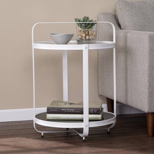 27" White Glass And Iron Round End Table With Shelf-0