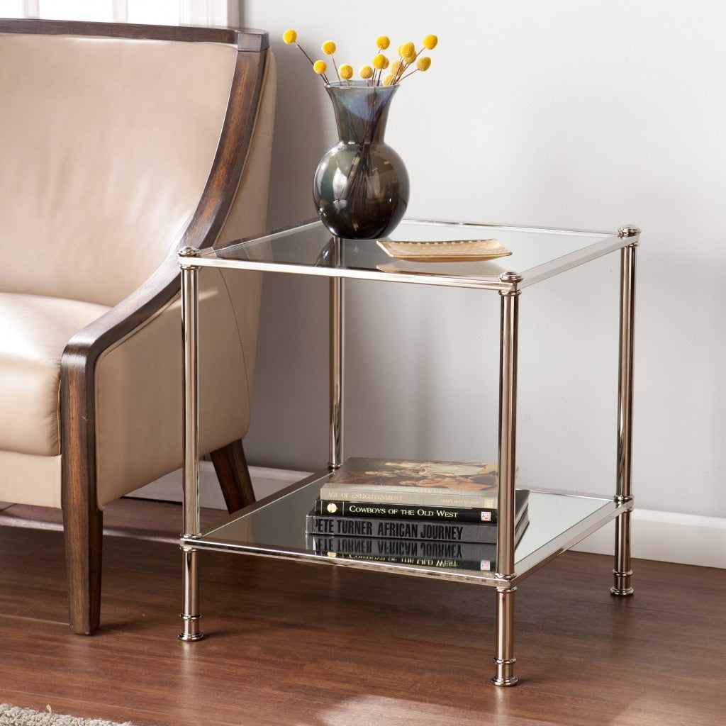 24" Silver Glass And Iron Square Mirrored End Table-0