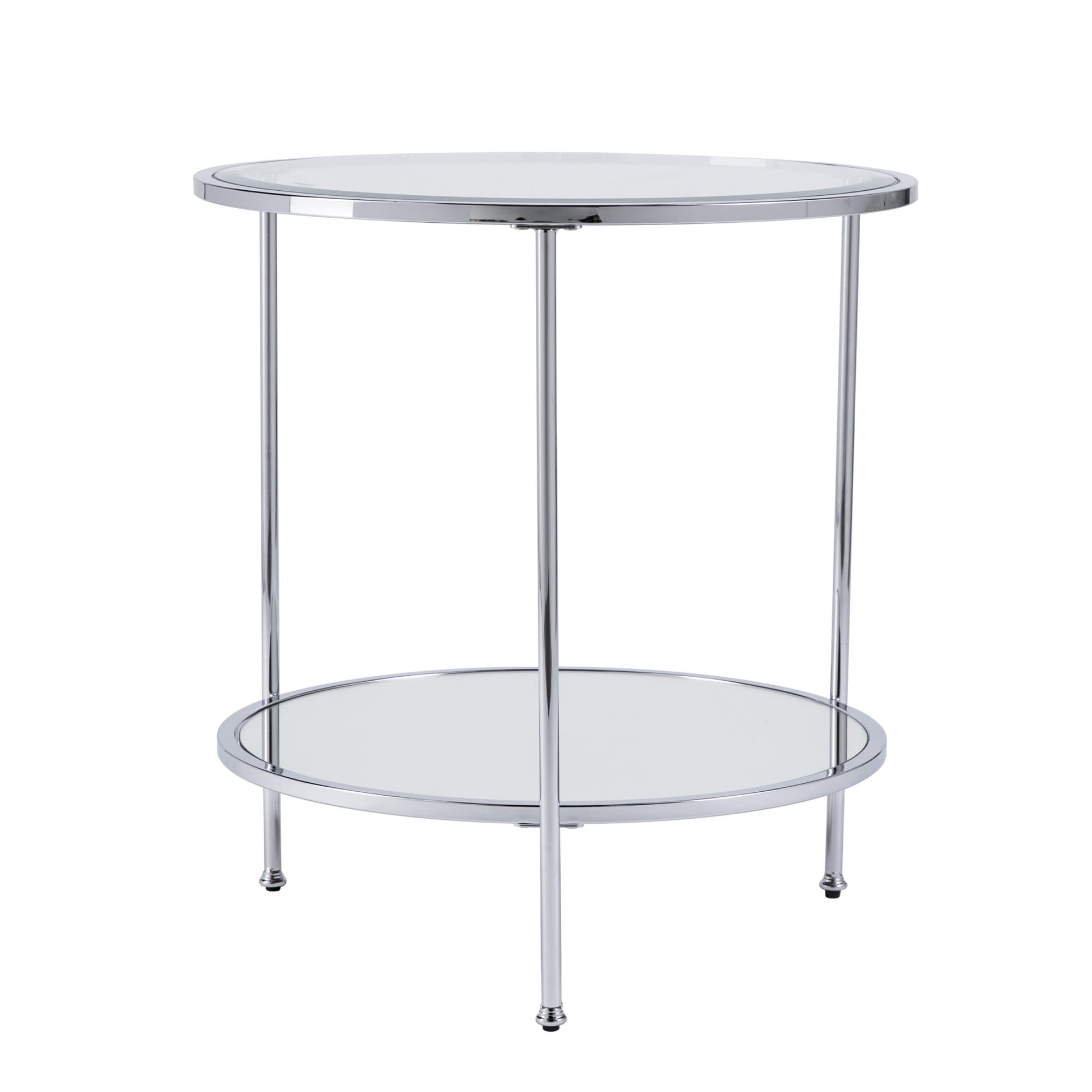 26" Chrome Glass And Iron Round Mirrored End Table With Shelf-1