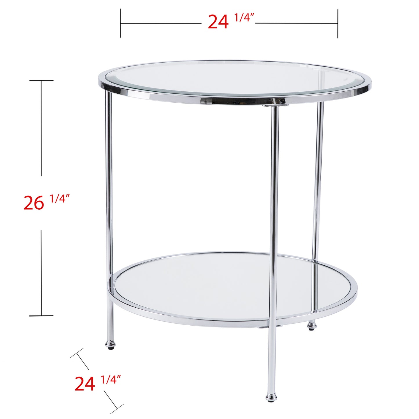 26" Chrome Glass And Iron Round Mirrored End Table With Shelf-2