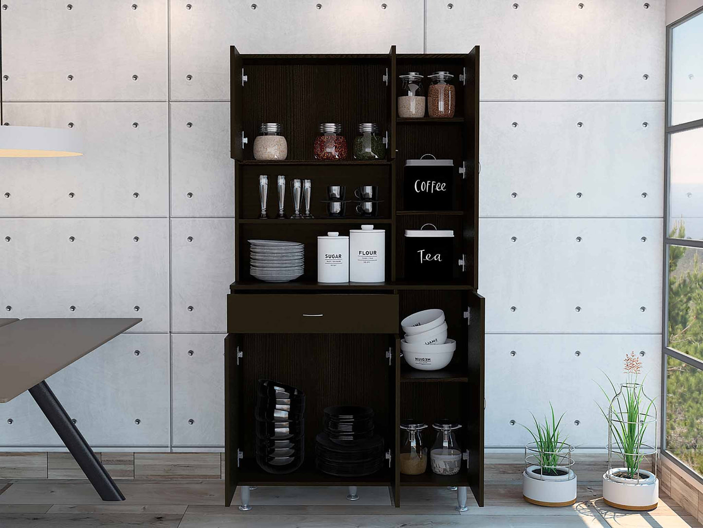 Modern Black Pantry Cabinet with Multiple Storage Shelves-0