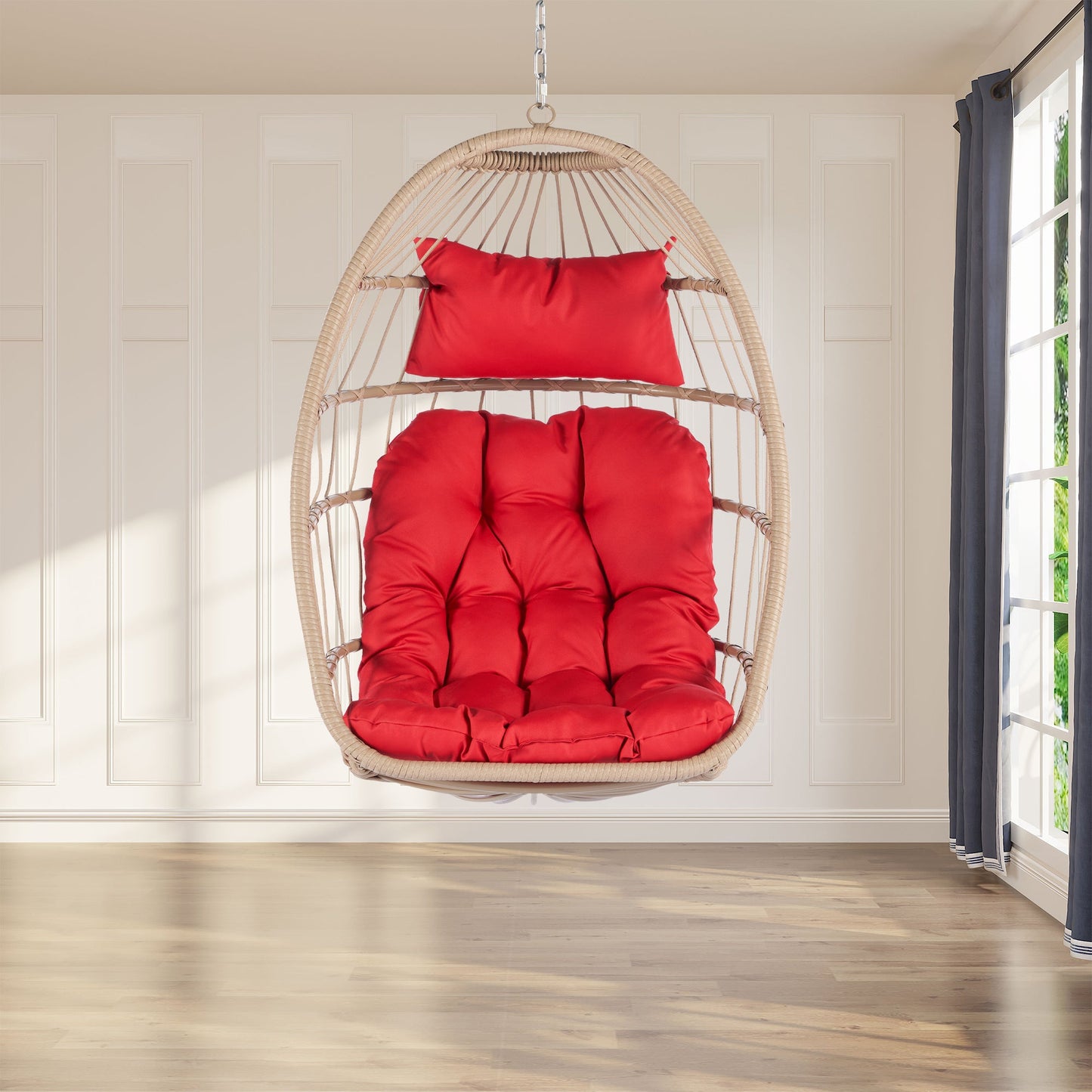 Outdoor Garden Rattan Egg Swing Chair Hanging Chair Wood+Red-2