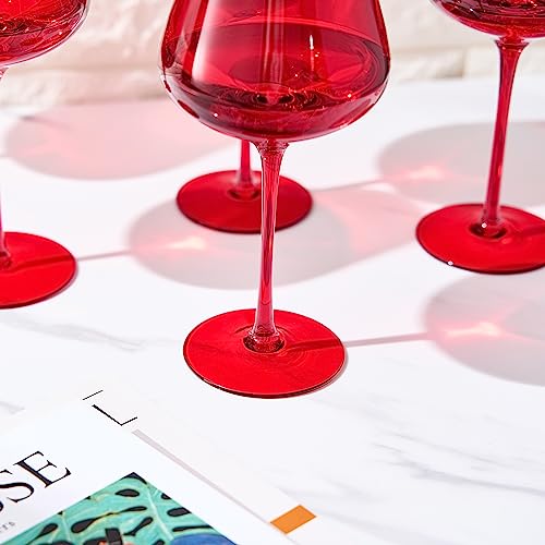 Colored Crystal Wine Glass Set of 6, Gift For Hosting, Her, Wife, Mom Friend - Large 20 oz Glasses, Unique Italian Style Tall Drinkware - Red & White, Dinner, Color Beautiful Glassware - (Bright Red)-2