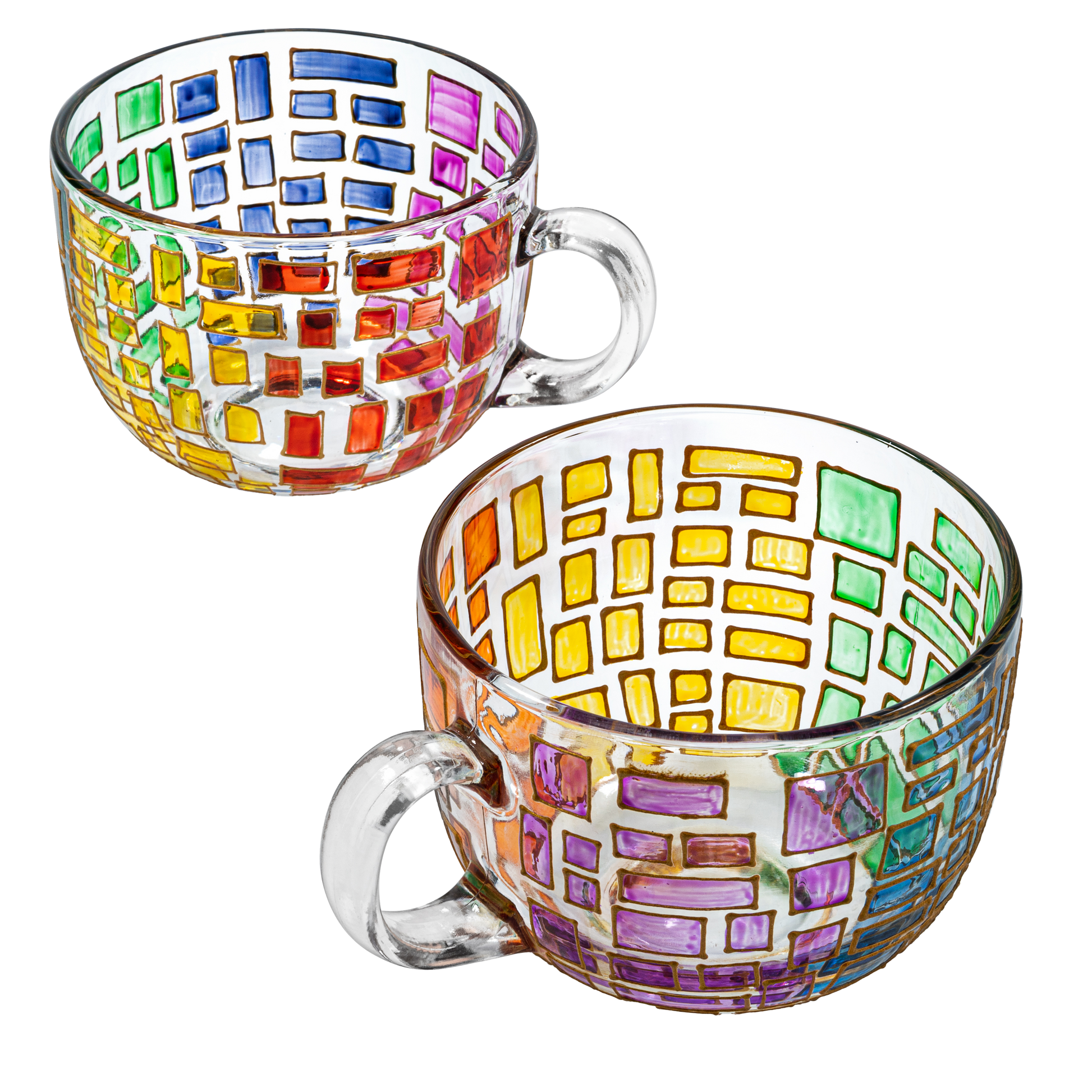 The Wine Savant Renaissance Stained Glass Windows Mugs, Artisanal Hand Painted Set of 2 - Gift Idea for Her, Him, Birthday, Mom, Housewarming - Art Deco Coffee and Tea Set 3.5" H X 4" W (Mugs)-0