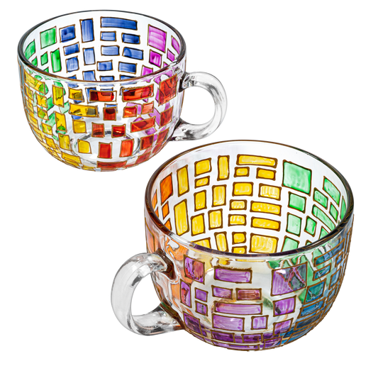 The Wine Savant Renaissance Stained Glass Windows Mugs, Artisanal Hand Painted Set of 2 - Gift Idea for Her, Him, Birthday, Mom, Housewarming - Art Deco Coffee and Tea Set 3.5" H X 4" W (Mugs)-0