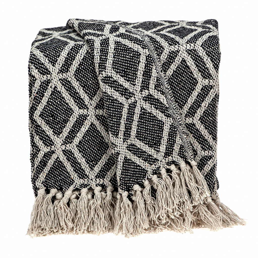 Grey and Beige Handloom Geometric Woven Throw Blanket-0