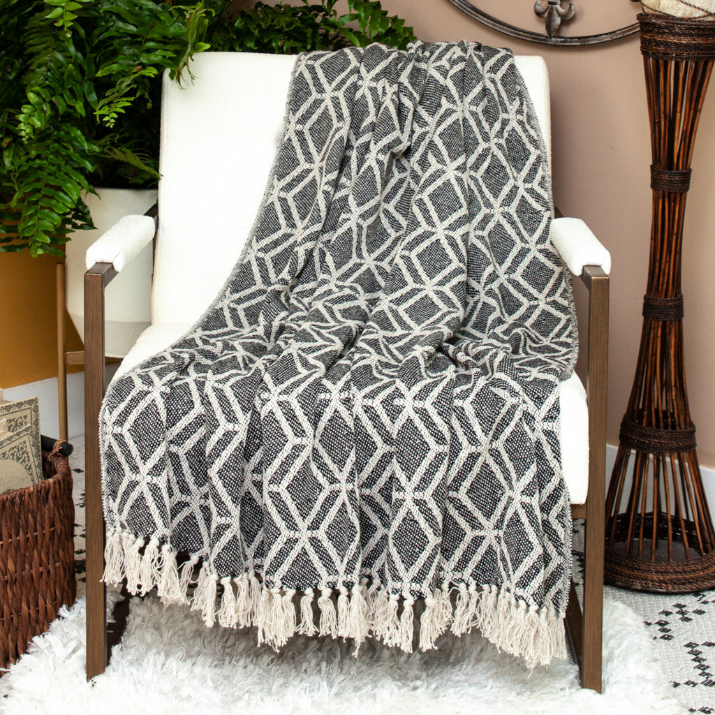 Grey and Beige Handloom Geometric Woven Throw Blanket-1