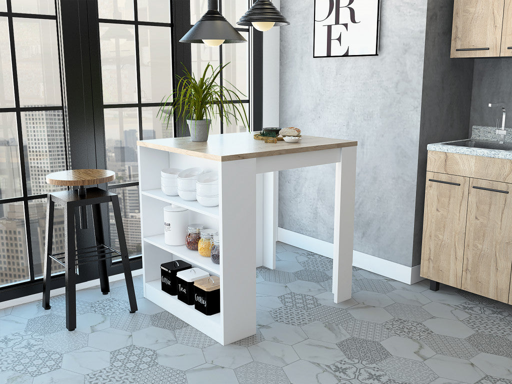 Stylish White and Pine Kitchen Counter and Dining Table Combination-0