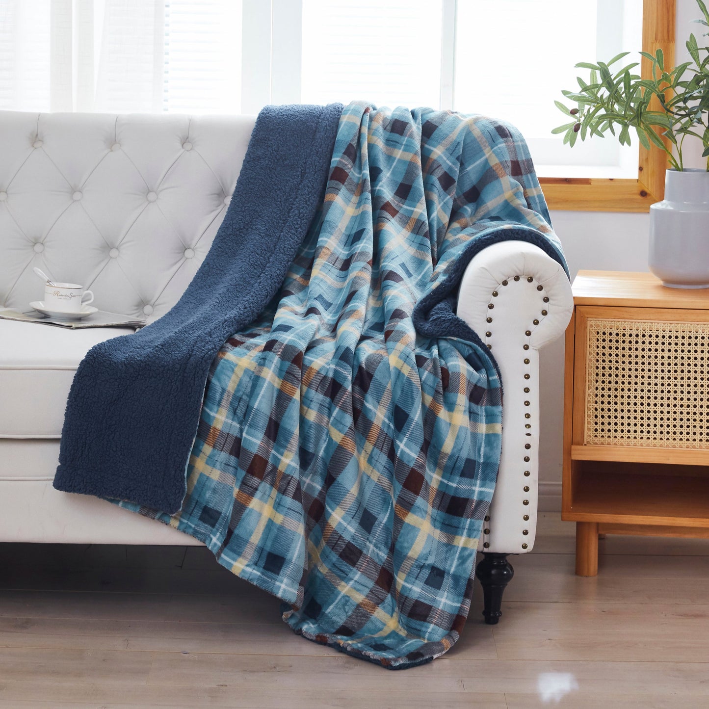 Ambrose Blue Reversible Velvet and Sherpa Throw Blanket-1