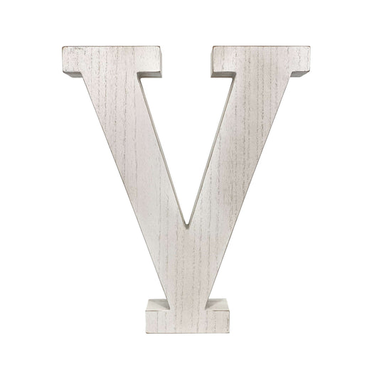 16" Distressed White Wash Wooden Initial Letter V Sculpture-0