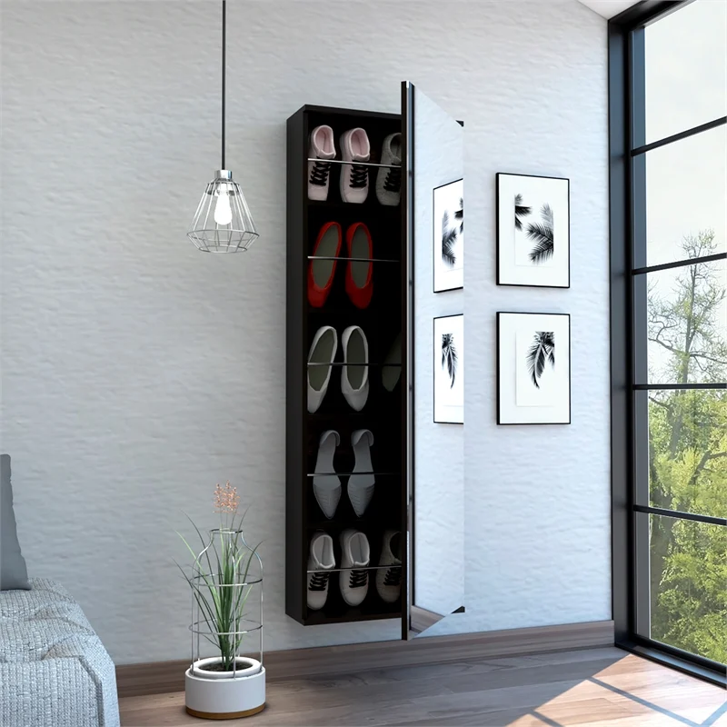 Stylish Black Wengue  Wall Mounted Shoe Rack with Mirror-2