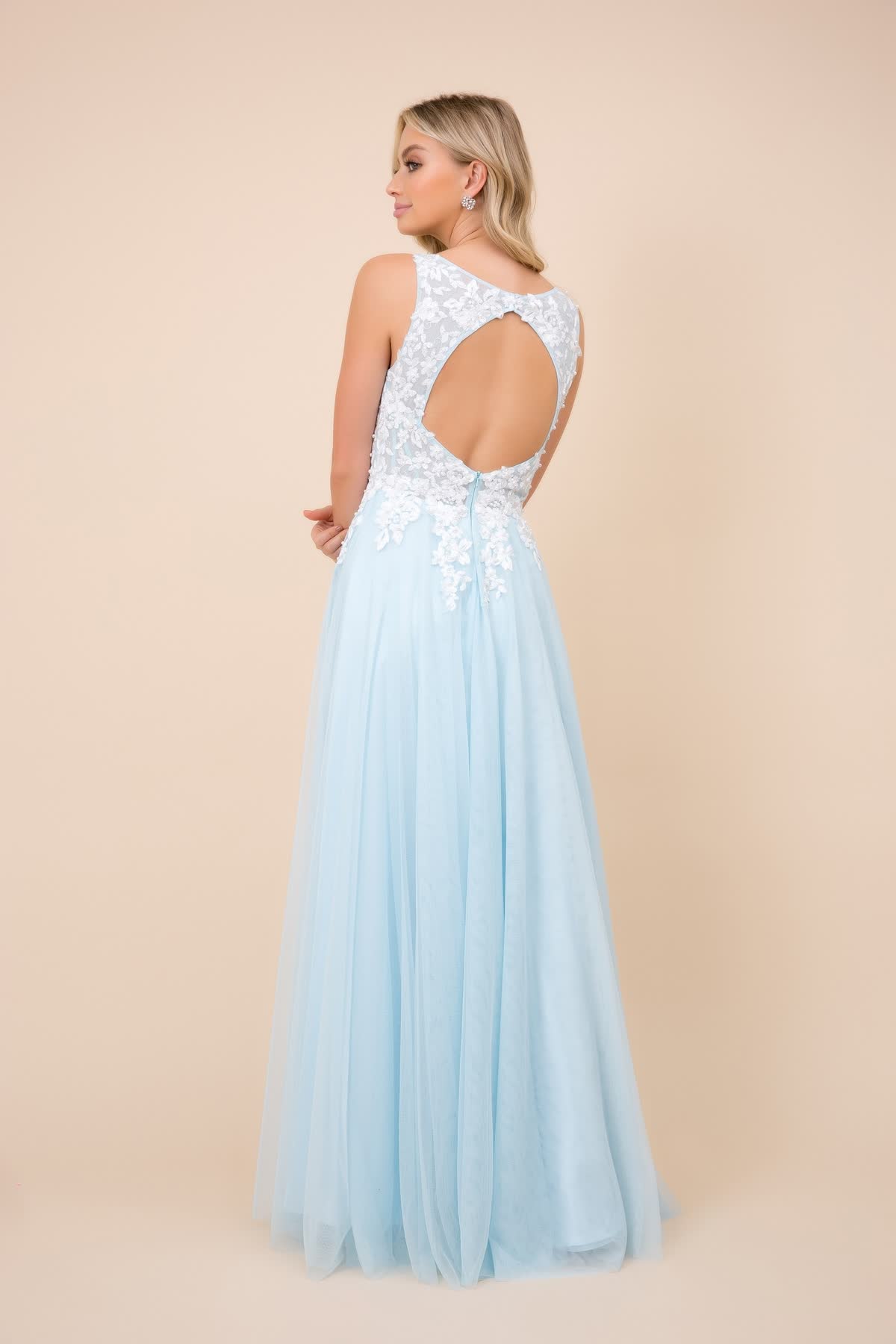 Tulle Embroidered Bodice Cutout Open Back Long Bridesmaid Dress NXG048-3