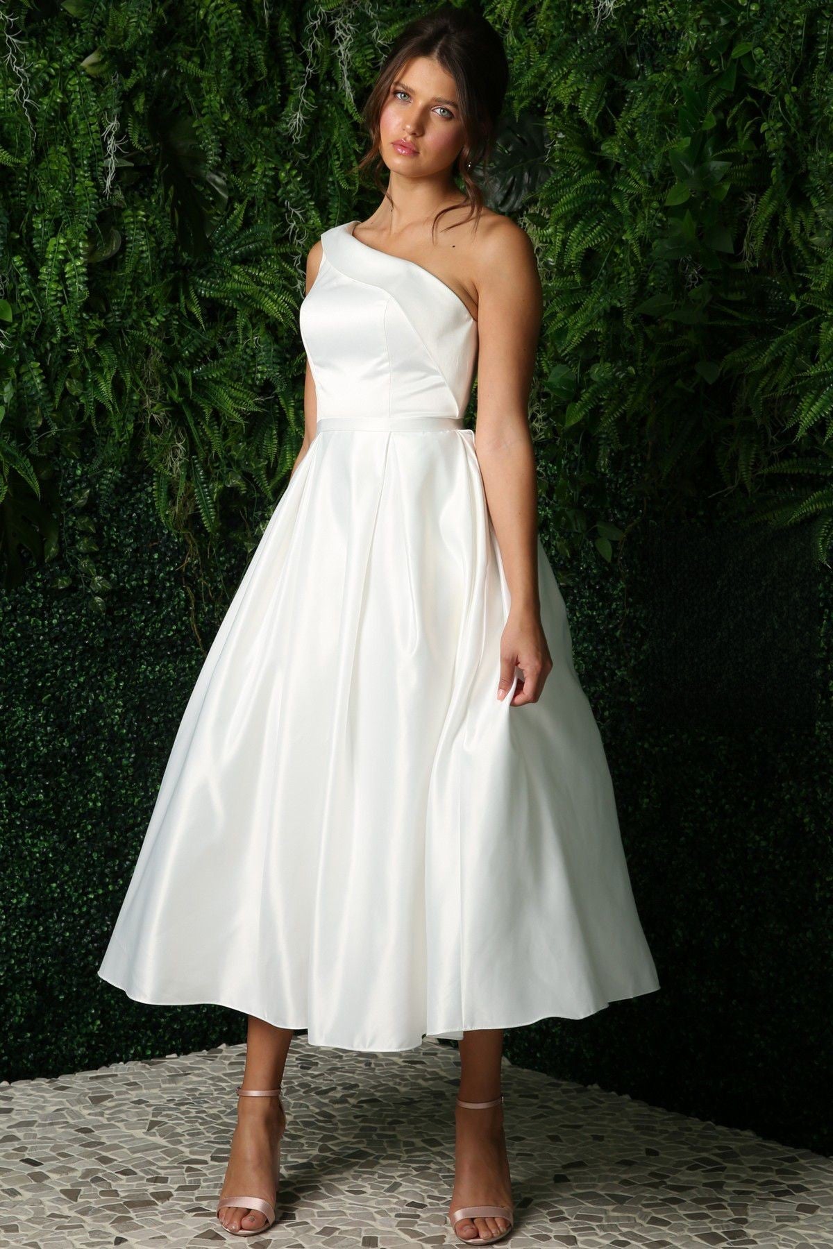 Open Back Strap Satin One Shoulder Midi Wedding Dress NXJE931W-3