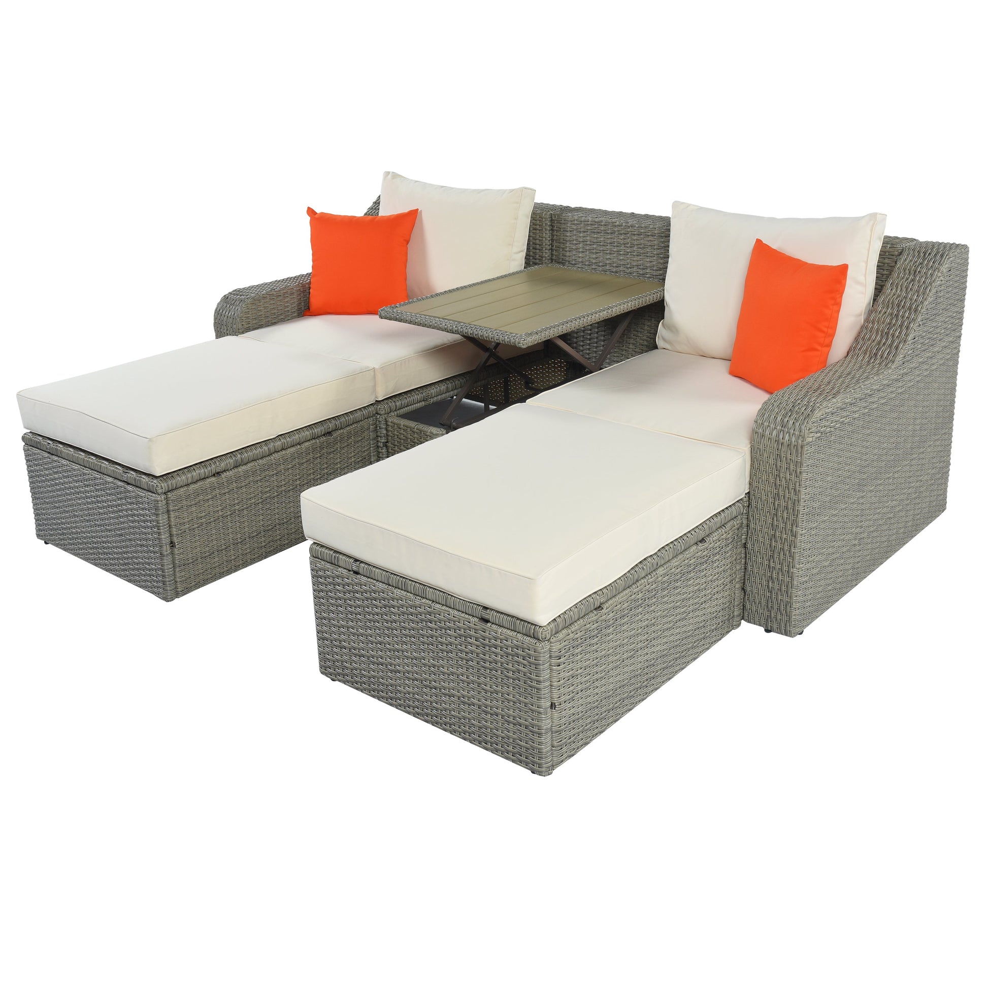 U_STYLE Patio Furniture Sets, 3-Piece Patio Wicker Sofa with  Cushions, Pillows, Ottomans and Lift Top Coffee Table-2