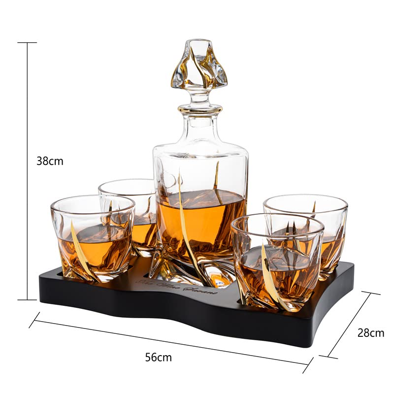 European Style Gold Wine & Whiskey Gold Twist Spiral Decanter 855ml with 4 Glasses & Wood Tray Set by The Wine Savant - For Home Bar Liquor, Spirits, Scotch, & Bourbon Gift for Him-5