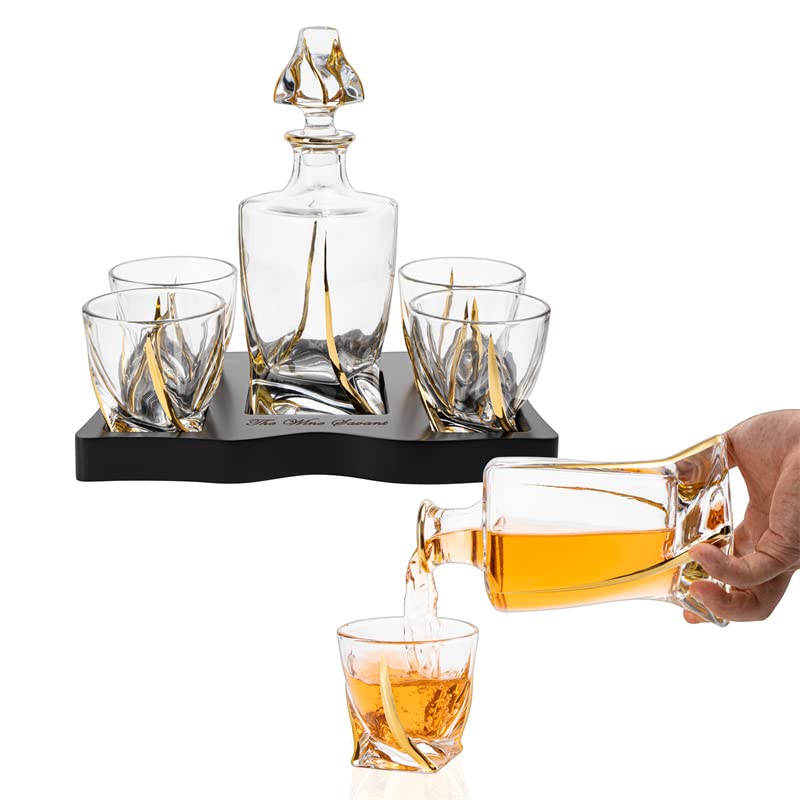 European Style Gold Wine & Whiskey Gold Twist Spiral Decanter 855ml with 4 Glasses & Wood Tray Set by The Wine Savant - For Home Bar Liquor, Spirits, Scotch, & Bourbon Gift for Him-4