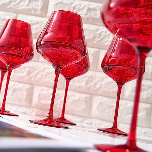 Colored Crystal Wine Glass Set of 6, Gift For Hosting, Her, Wife, Mom Friend - Large 20 oz Glasses, Unique Italian Style Tall Drinkware - Red & White, Dinner, Color Beautiful Glassware - (Bright Red)-3