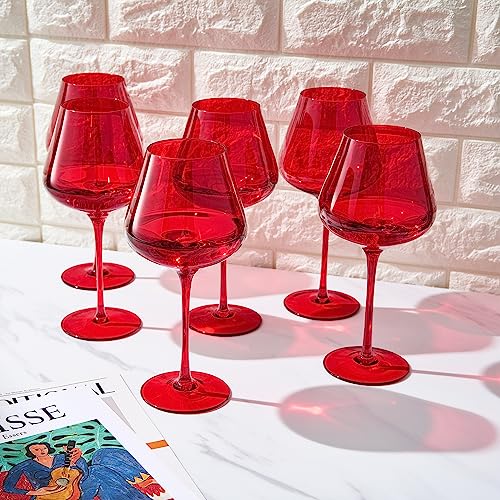 Colored Crystal Wine Glass Set of 6, Gift For Hosting, Her, Wife, Mom Friend - Large 20 oz Glasses, Unique Italian Style Tall Drinkware - Red & White, Dinner, Color Beautiful Glassware - (Bright Red)-1