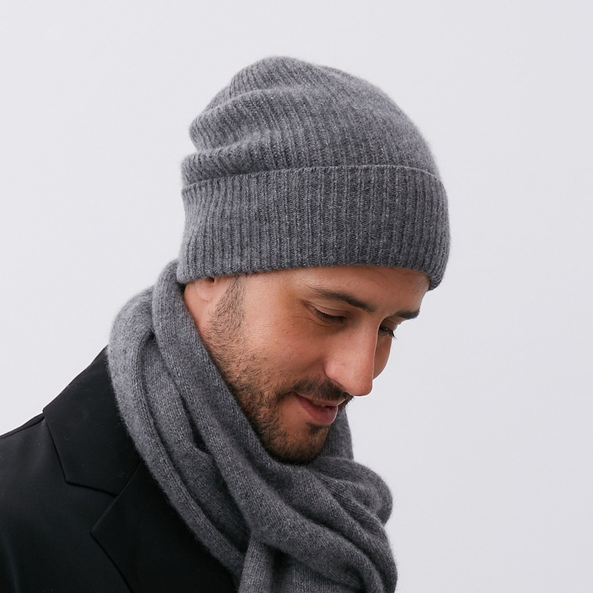 MEN'S CASHMERE RIBBED HAT WITH FOLDED CUFF-0