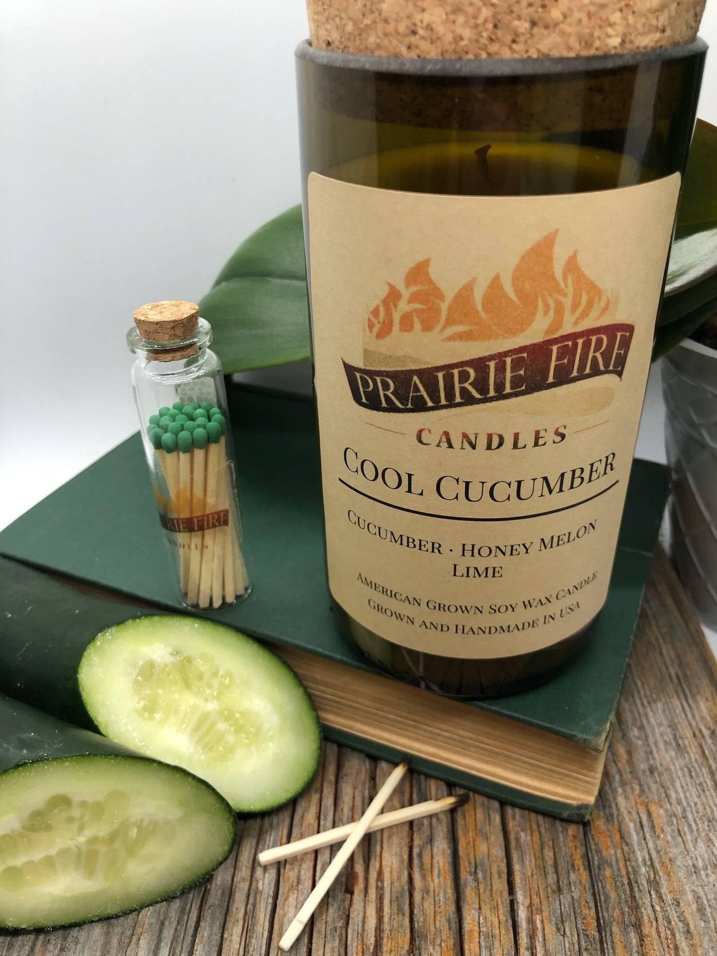 Cool Cucumber Soy Wax Candle | Repurposed Wine Bottle Candle Natural Cork | Handmade in USA Candle | Eco-Friendly Candle | Non-Toxic Soy Candle-1